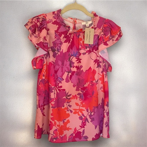 Entro Pink Purple Floral Ruffle Sleeve Summer Casual Blouse Top NWT- Small - Picture 4 of 8